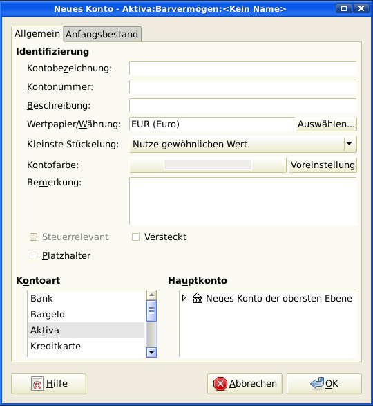 Dieses Bild zeigt den Dialog bei der Erstellung eines Aktivakontos.