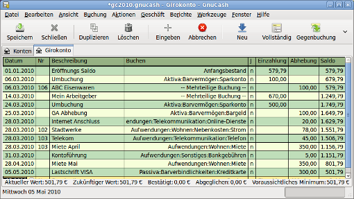 Die Abbildung zeigt die Buchungsansicht des Girokontos mit mehreren Buchungen.