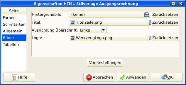 Das HTML Stilvorlagenfenster mit einem Beipiel Hintergrundkachel, Kopfbanner and Logo.