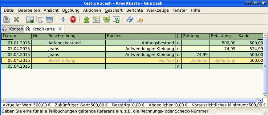 Dieses Bild zeigt Verbindlichkeit:Kreditkarte - Ansicht nach der Stornobuchung eines Kaufes mit Kreditkarte.