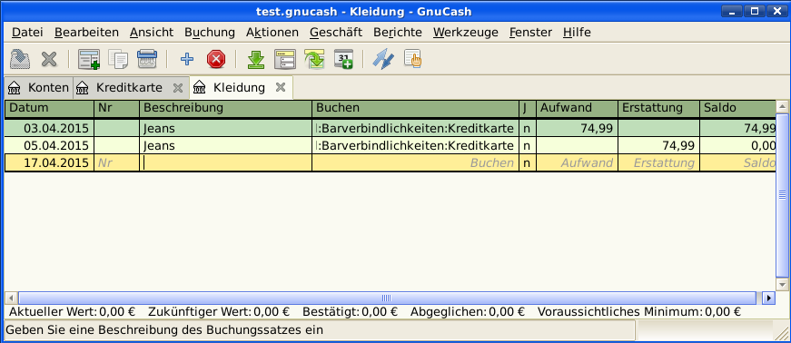 Dieses Bild zeigt Aufwendungen:Kleidung nach der Stornobuchung eines Kaufes mit Kreditkarte.