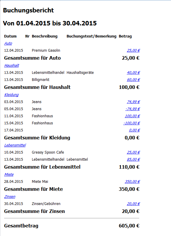 Dieses Bild zeigt den Buchungsreport für die verschiedenen Aufwandskonten im Monat April.