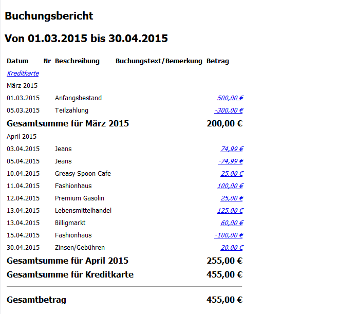 Dieses Bild zeigt den Buchungsbericht für das Kreditkartenkonto für die Monate März und April