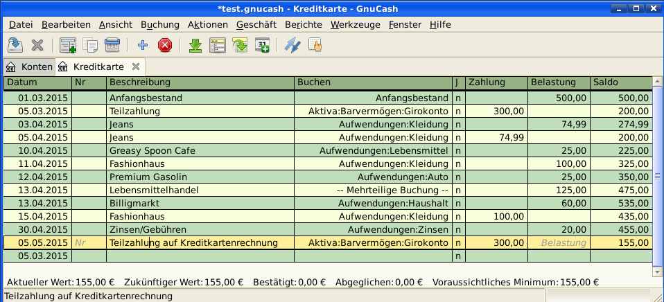 Kontenansicht nach dem Kontenabgleich und einer Zahlung.