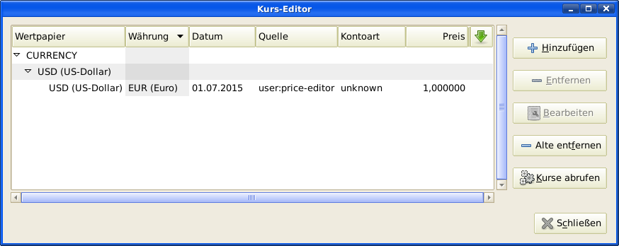 Der Kurs-Editor-Fenster nach dem Setzen des Wechselkurses zwischen USDollar und Euro