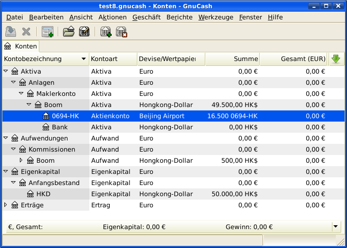Kontenplan mit einigen internationalen Aktien