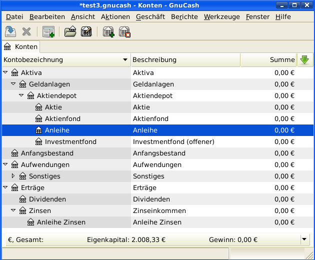 Dies ist ein Screenshot des Reiters Konten, nachdem eine neue Datei erstellt und nur die Standardkapitalkonten ausgewählt wurden.