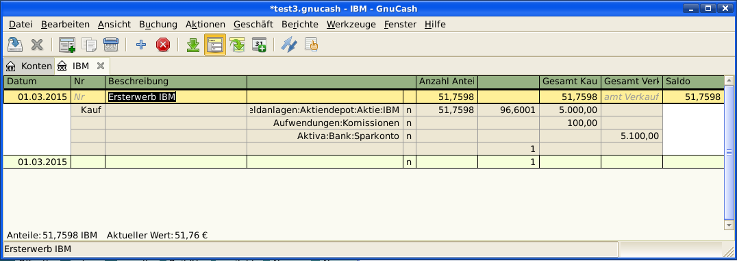 Dieses Bild zeigt die Buchungsansicht des IBM-Kontos nach der Buchung des Kaufes mit einer Provision.