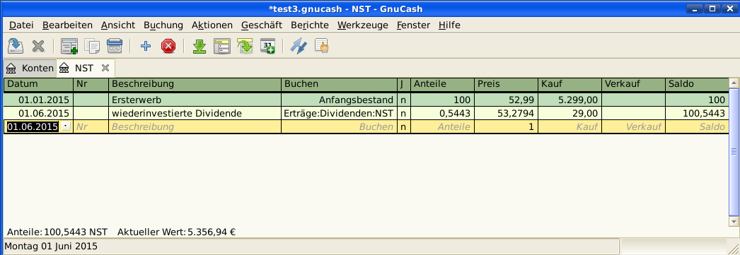 Ein Bild des NST Aktienkontoreiters nach der Wiederanlage der Dividende.