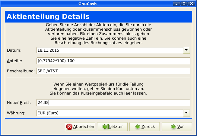 Ein Bild des Aktienteilungs-Assistenten in Schritt 3 - Einzelheiten der Teilung.
