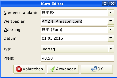 AMZN Wertpapier dem Kurs-Editor mit einem Anfangswert 40,50 € pro Stück hinzufügen.