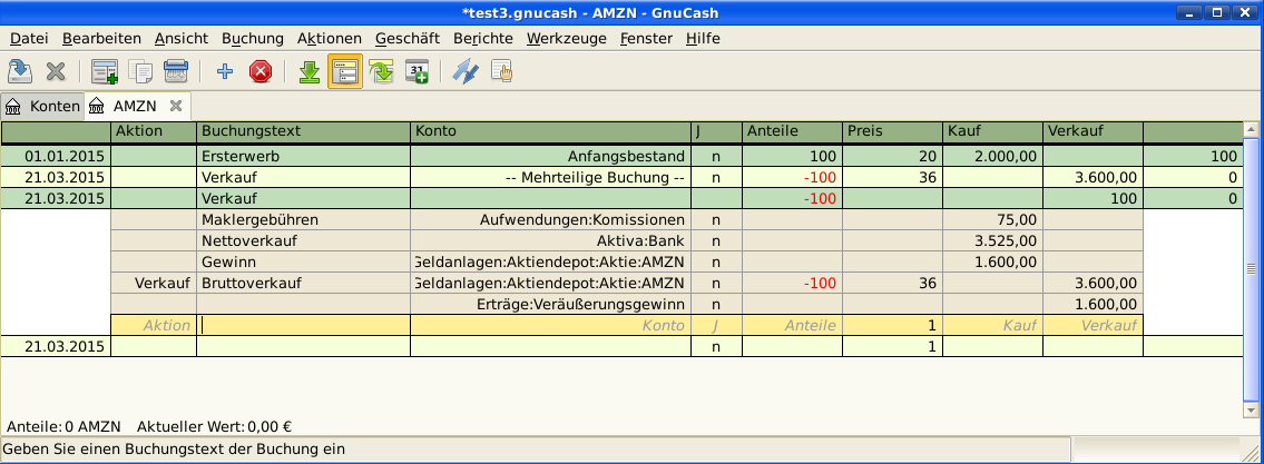 Ein Beispiel für den Verkauf von Aktien mit Gewinn. Sie kauften 100 AMZN Aktien für 20,-€ das Stück an und verkauften sie für 36,- €.