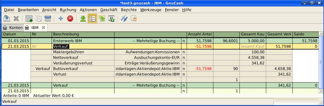 Der obere Screenshot ist ein Beispiel eines Aktienverkaufes. Sie kauften IBM Aktien im Wert von 5.000,-€ bei einem Aktienkurs von 96,6001 € und verkauften sie für 90,- €.