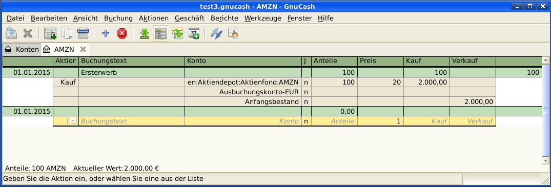 Dieses Bild zeigt die Buchungsansicht des AMZN-Kontos nach der Buchung des ersten Aktienkaufs.