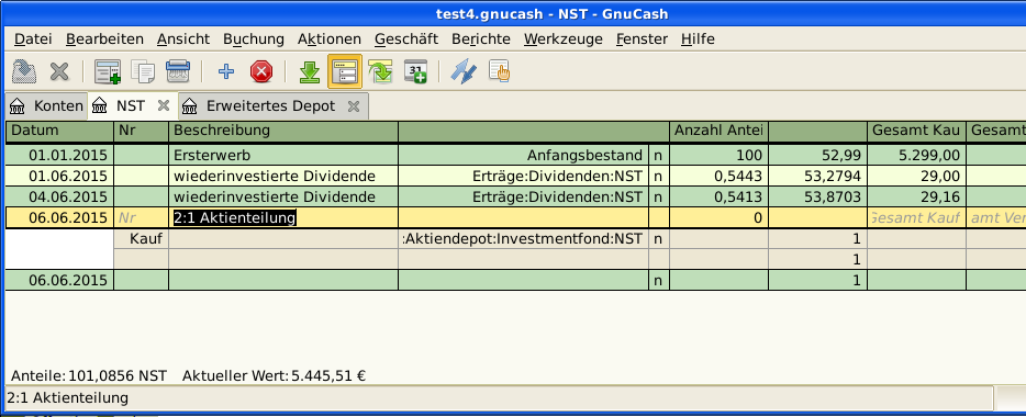 Ein Bild vom Reiter Aktiva:Investments:DRIPs:NST nach einer Buchung einer einfachen Aktienteilung.