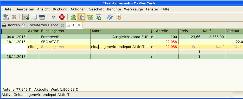 Ein Bild vom Reiter Investment:T nach der Buchung einer Aktienteilung, welche die Aktien vermindert.
