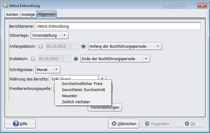 Bestimmung des Wertes eines Aktienwertpapieres in einem Report durch Setzen der Kursquellenoption.