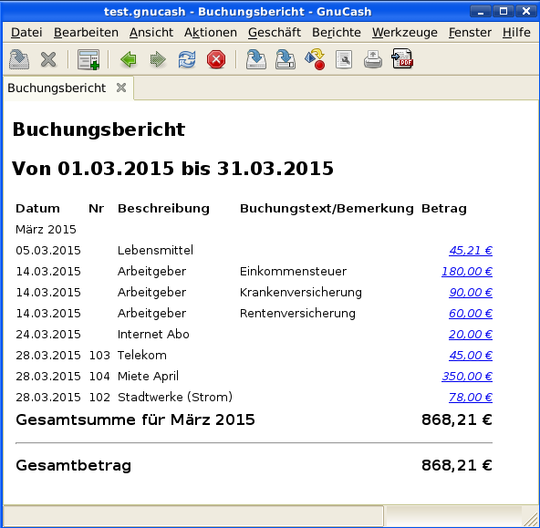Dieses Bild zeigt den Buchungsbericht für die verschiedenen Ausgaben im Monat März.