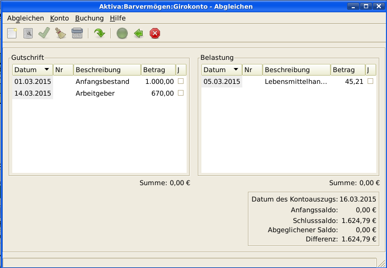 Die Liste der Buchungen im Fenster Kontoabgleich.