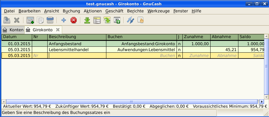 Die Abbildung zeigt die Buchungsansicht des Kontos Aktiva:Bargeld - nach Eingabe einer Buchung für Lebensmittel.