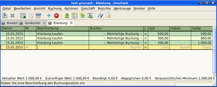 Dieses Bild zeigt das Konto Aufwand:Kleidung in der Standardansicht.