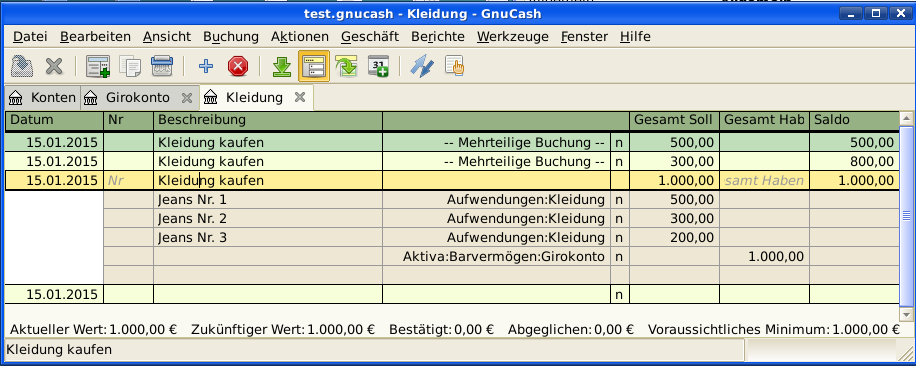 Dieses Bild zeigt das Konto Aufwand:Kleidung in der vollständigen Ansicht.