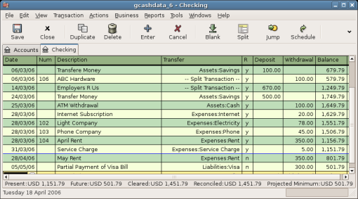 This image shows the Checking Account - Register with several transactions.