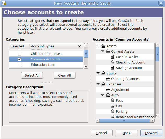 This image shows the fourth screen of the New Account Hierarchy Setup assistant where you choose the various accounts.