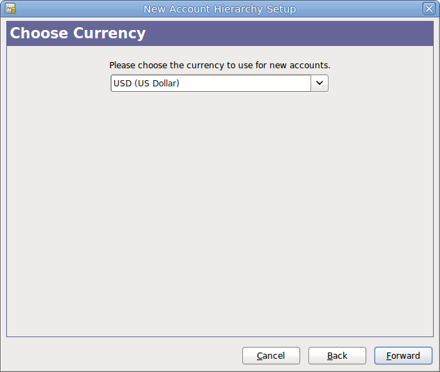 This image shows the second screen of the New Account Hierarchy Setup assistant where you select the currency.