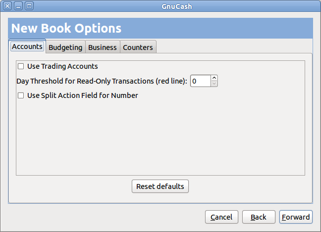 This image shows the third screen of the New Account Hierarchy Setup assistant where you select the book options.