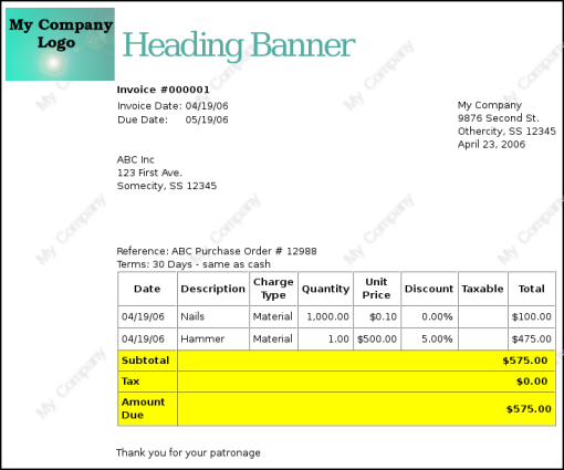 The hideous invoice which results from the graphics selected in the style sheet.