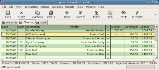 This image shows the Checking Account Register with an ATM withdrawal.