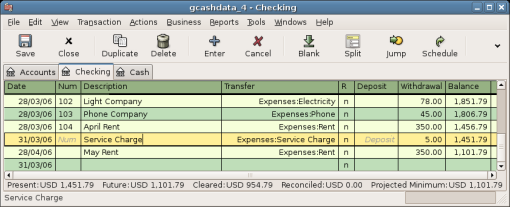 This image shows the Checking Account Register with service charge added.