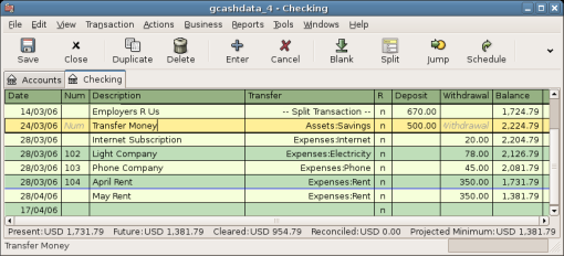 This image shows the Checking Account Register.