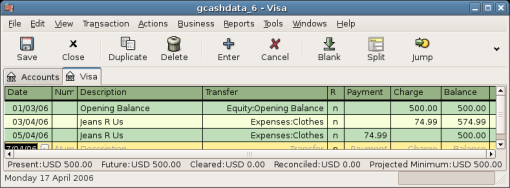 This image shows Liability:Credit Card - Register after reversing a purchase transaction.