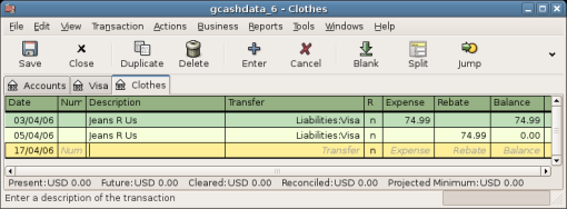 This image shows Expenses:Clothes register after reversing a purchase transaction.