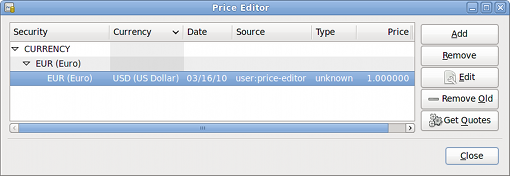 The Price Editor window after setting the exchange rate between Euros and US Dollars