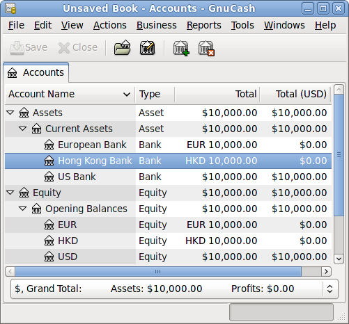 Initial setup of 3 bank accounts with different currencies.