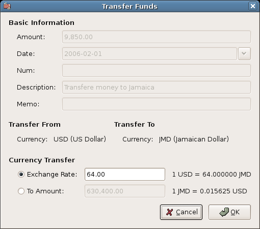 A dialog window where the exchange rate in a currency transaction is specified