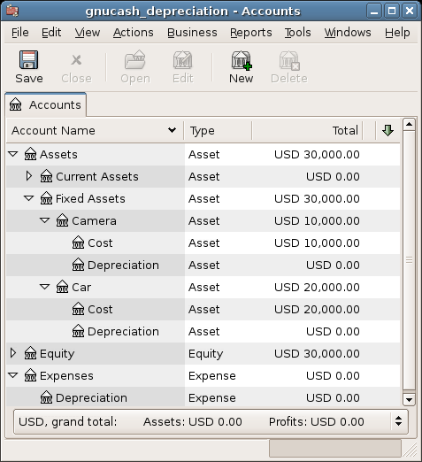 The asset depreciation example main window, before depreciation