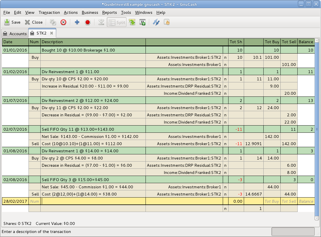 An image of the Security Account register in transaction journal view, before Scrub Account is used.