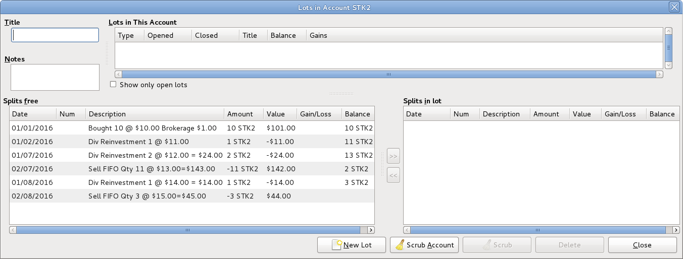 An image of the Lots in Account window before Scrub Account is used.