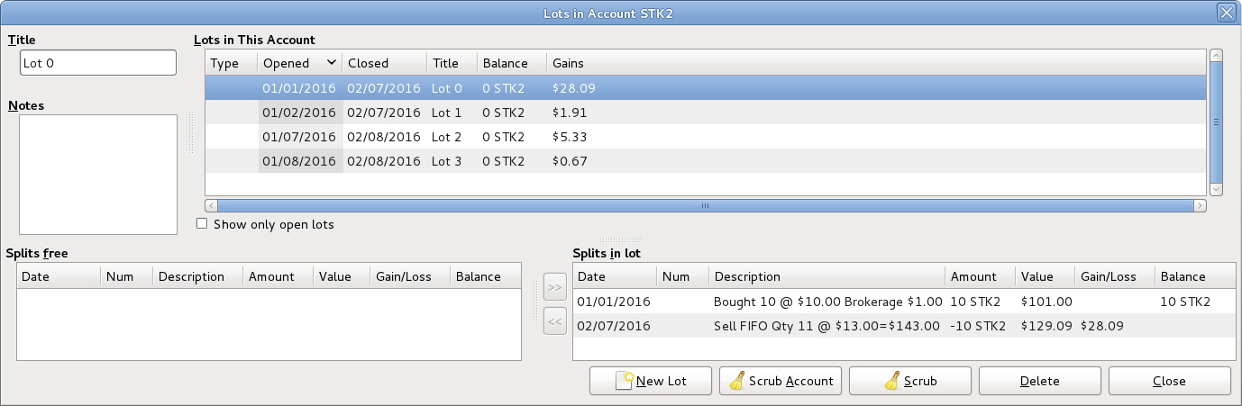 An image of the Lots in Account window after using Scrub Account.