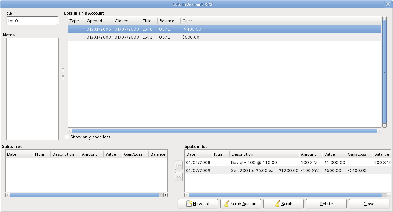 An image of the Security Account register in transaction journal view, after Scrub Account is used.