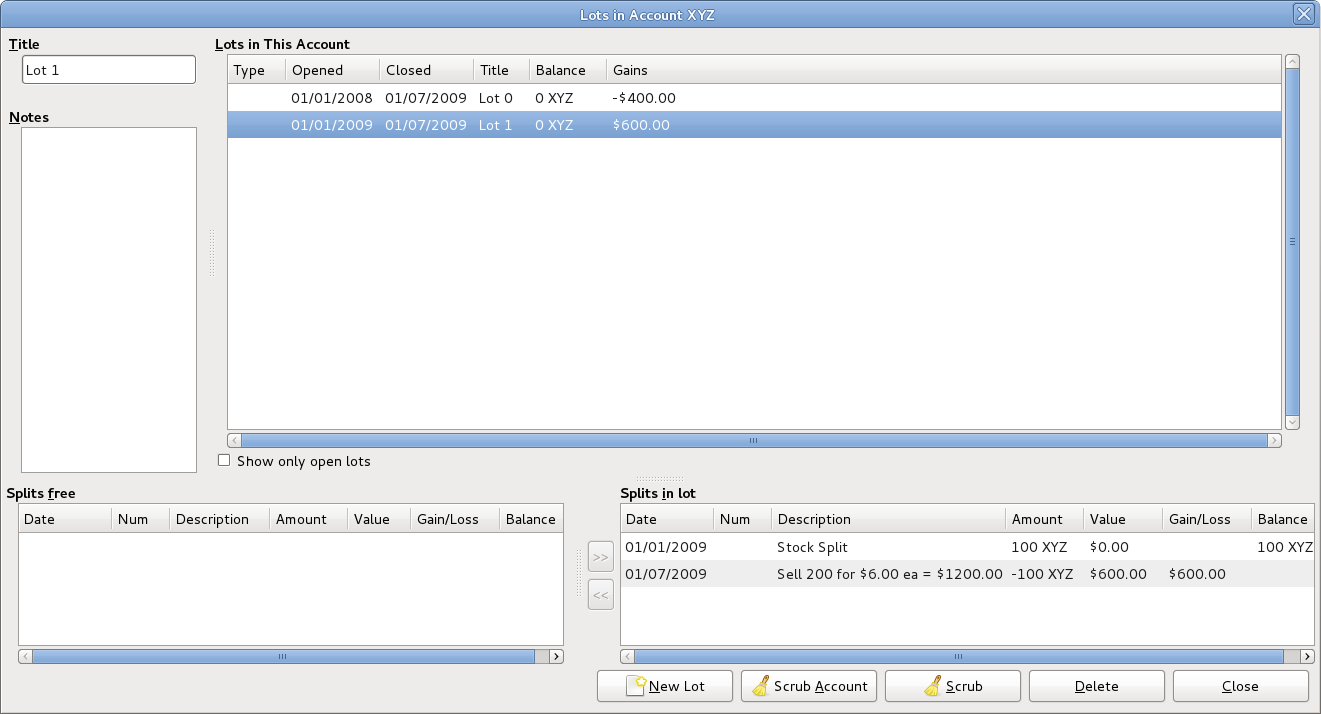 An image of the Security Account register in transaction journal view, after Scrub Account is used.