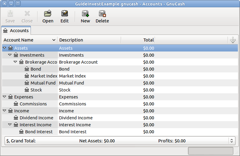 This is a screen image of the Accounts tab after creating a new file and selecting only the default investment accounts.