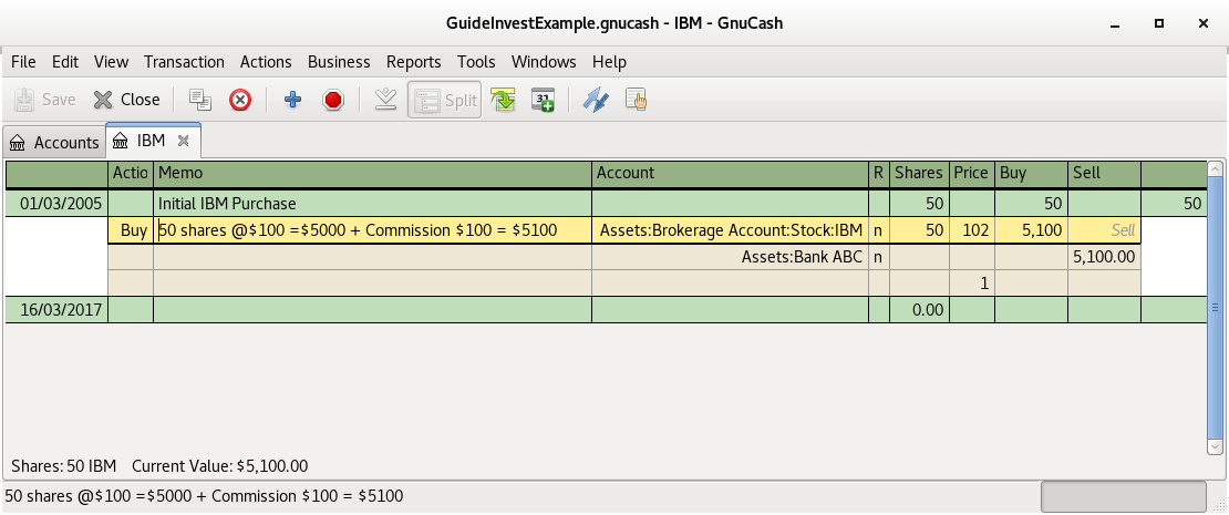 This image is of the transaction register of the IBM account after the first stock purchase with a commission.