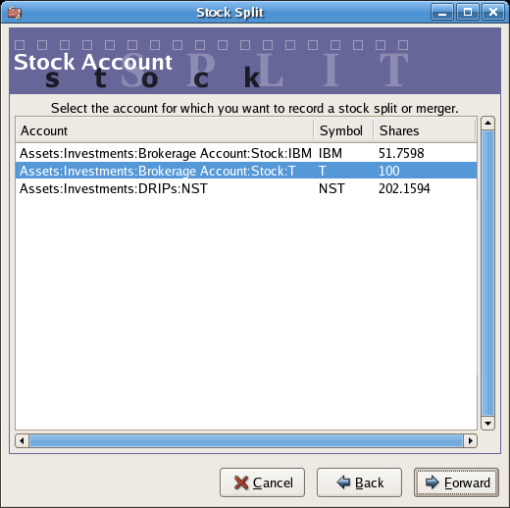 An image of the stock split assistant at step 2 - Selection of Account/Stock (Investment Account:T).