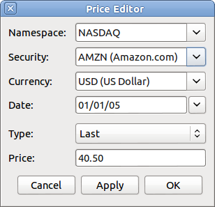 Adding the AMZN commodity to the price editor, with an initial value of $40.50 per share.