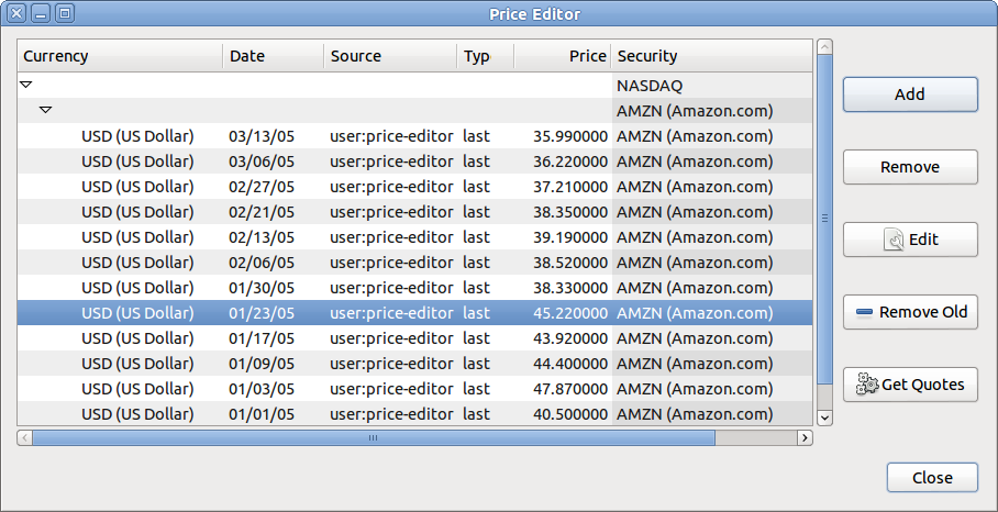 The main price editor window, showing the list of all known commodities.